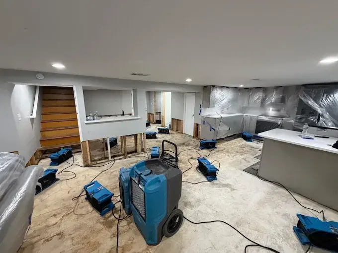 Finished basement in Union, NJ mid dry-out with an LGR dehumidifier, air movers and the carpet pulled up