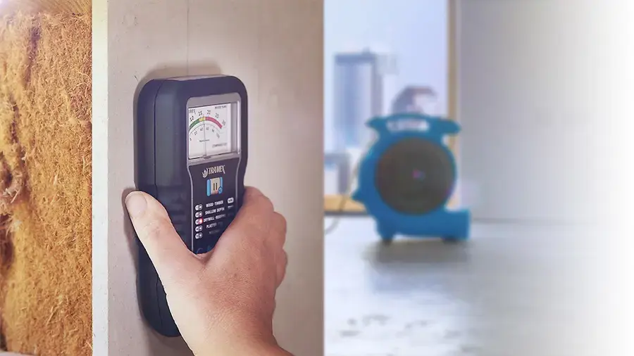 Pin moisture meter reading drywall with an air mover drying the room behind it in Union, NJ