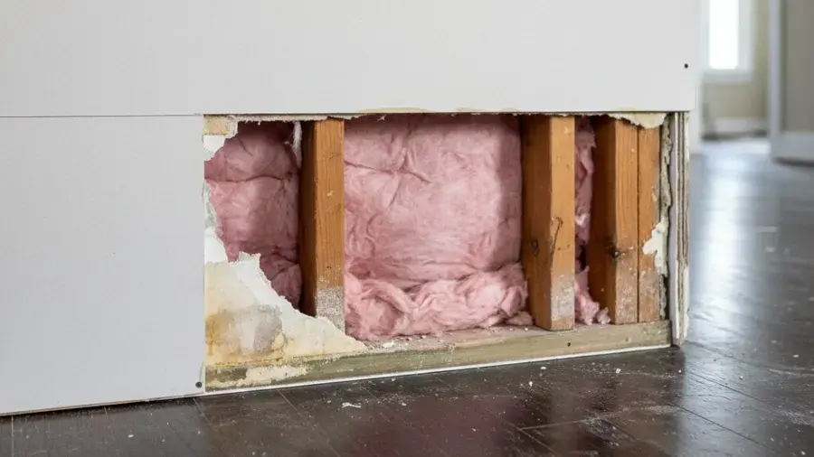 Drywall cut open to wet pink insulation and studs after a pipe leak in a Union, NJ home