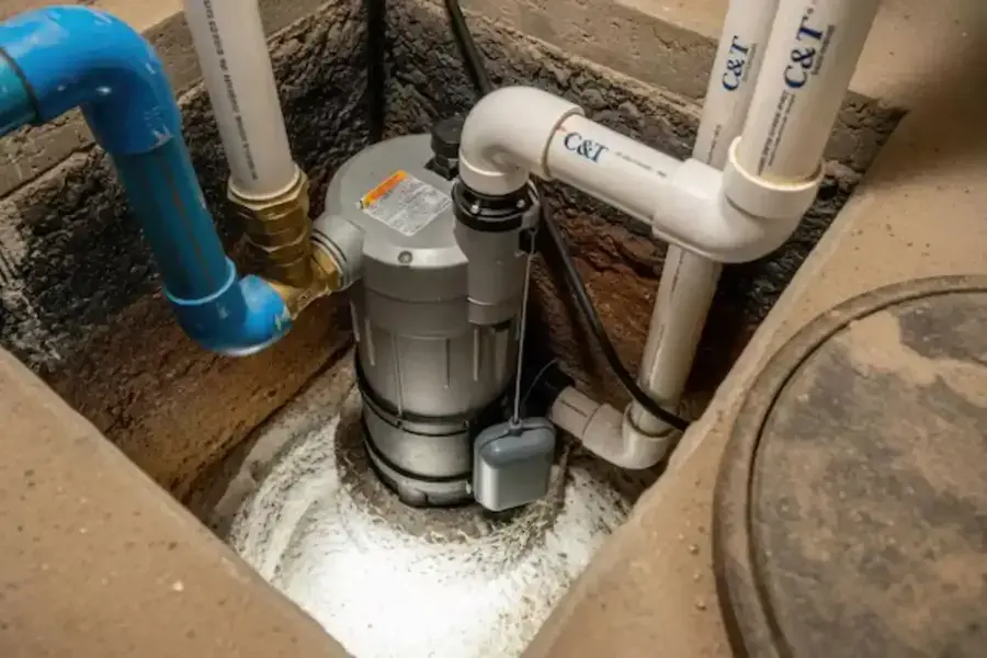 Submersible sump pump and discharge piping inside a basement sump pit in a Union, NJ home
