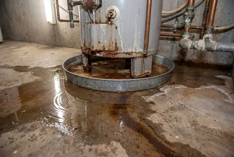 Rusted water heater leaking across a basement floor in a Union, NJ home